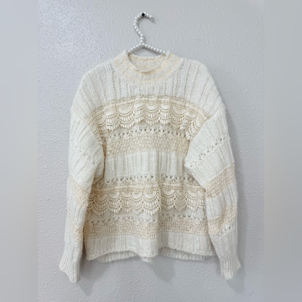 Zara Women's Cream Beige Combined High Neck Alpaca Lace Knit Sweater S 4331/127